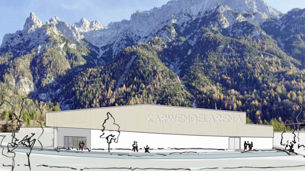 Blick auf Eisstadion und Karwendel